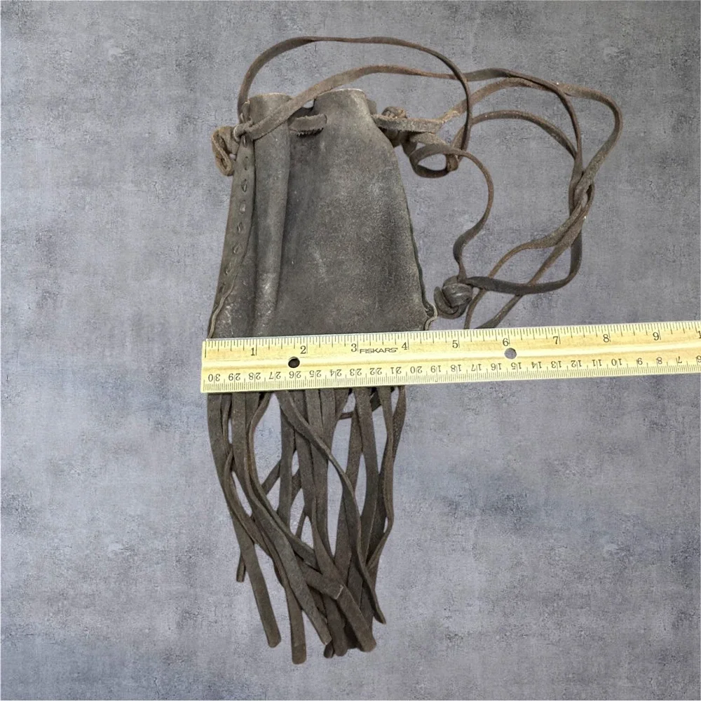 Medicine Bag Small Brown VCG Suede Fringe Drawstring Pouch - Picture 3 of 7